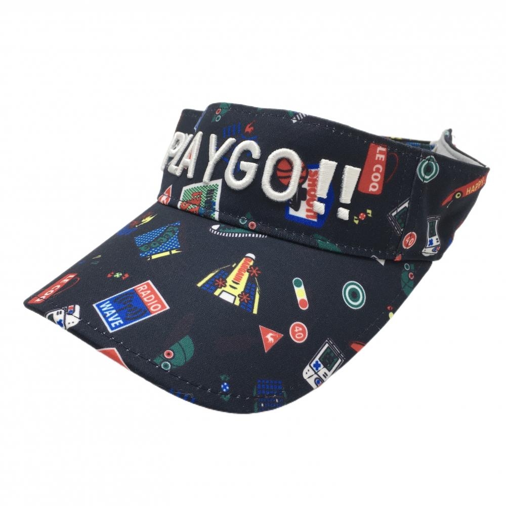 【超美品】ルコック サンバイザー ネイビー×マルチカラー 総柄 立体刺しゅう F(55-57cm)   ゴルフウェア le coq sportif