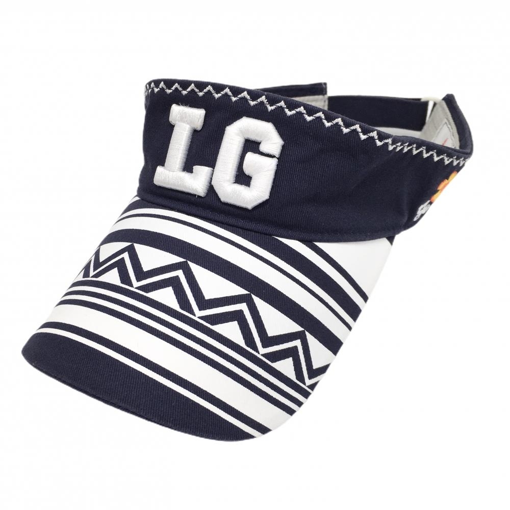 【美品】ルコック サンバイザー ネイビー×白 つば総柄 立体ロゴ F(55cm～57cm)   ゴルフウェア le coq sportif