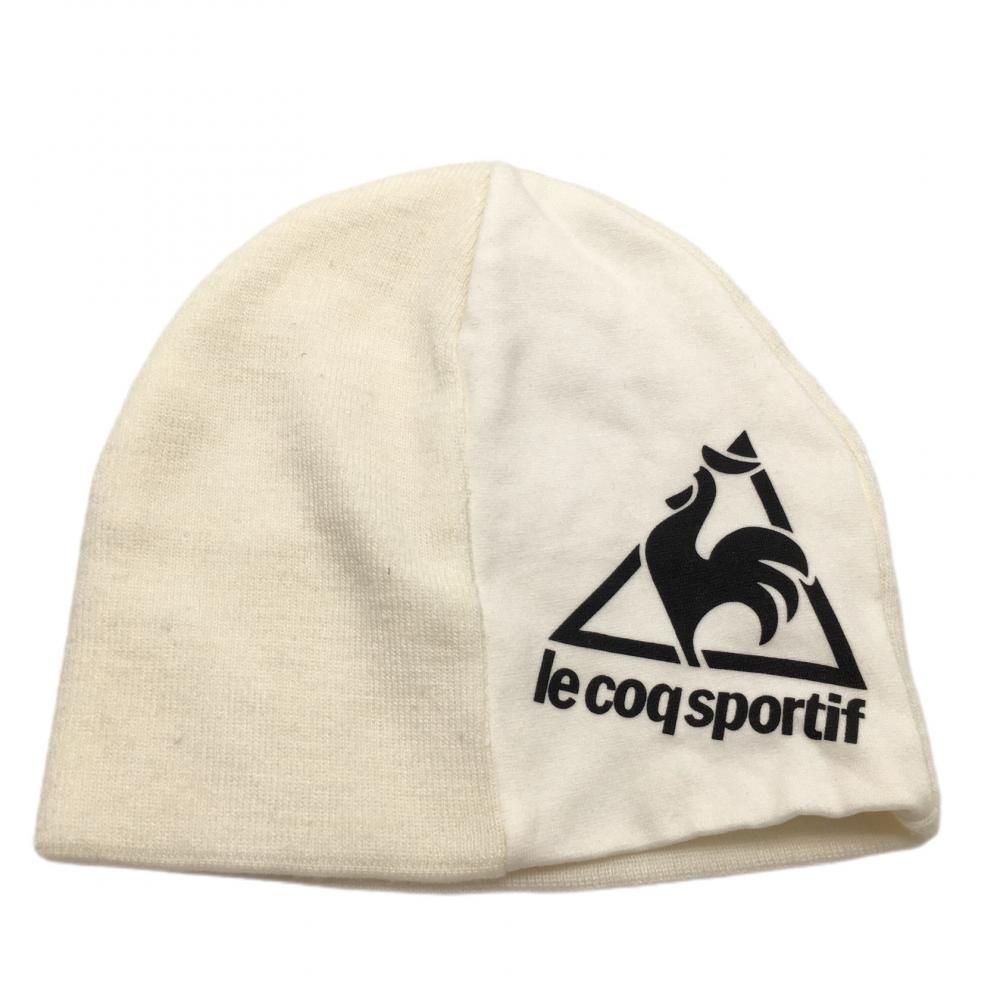 【超美品】ルコック ニット帽 白 異素材切替 ロゴ黒 ゴルフウェア le coq sportif