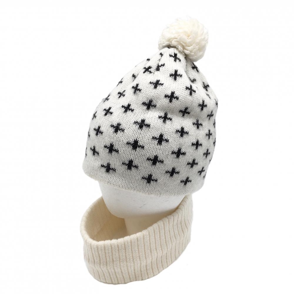 ルコック ニット帽 白×黒 十字柄 ネックウォーマー付 ボンボン付 FREE  ゴルフウェア le coq sportif