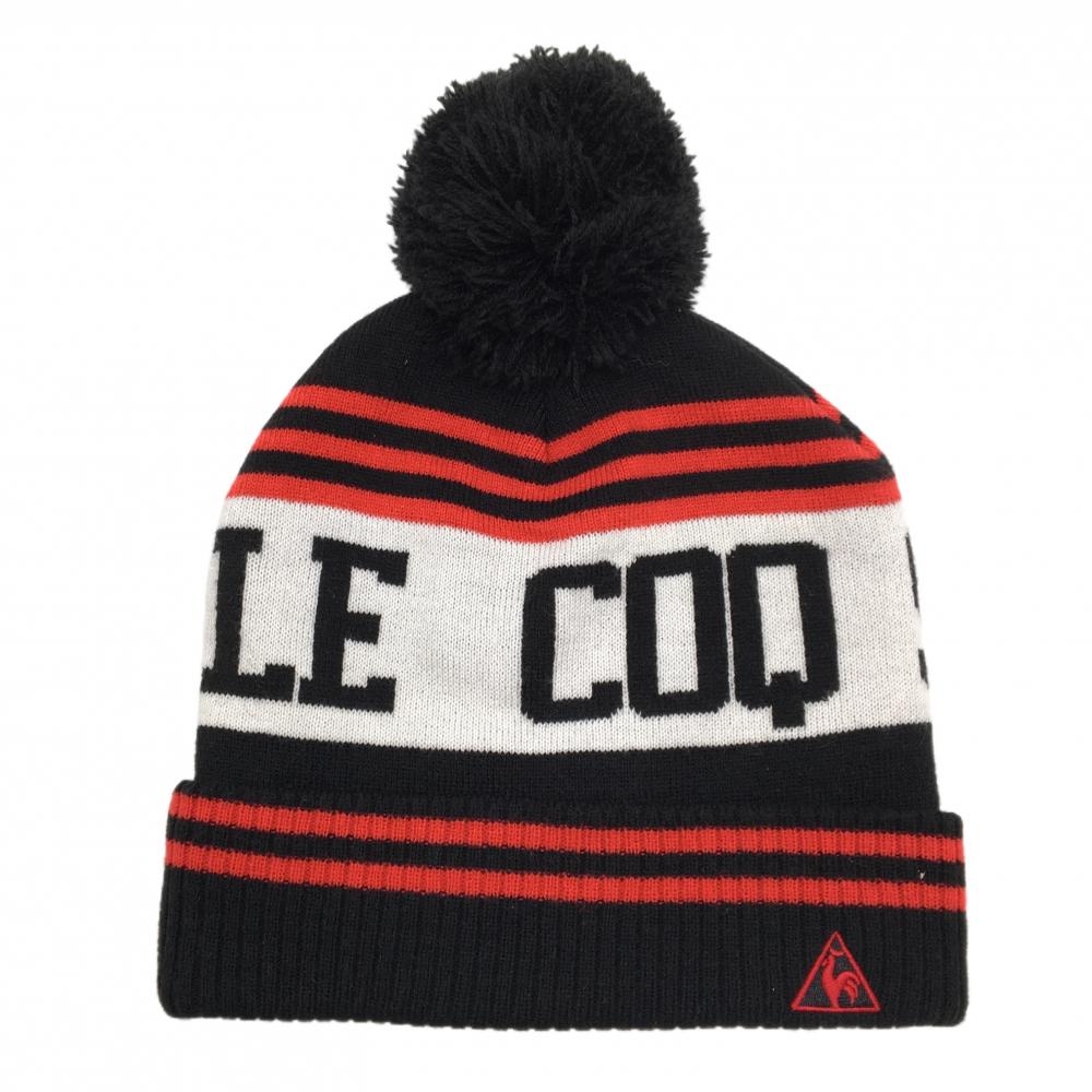 【美品】ルコック ニット帽 黒×白×レッド 一部ボーダー アクリル100％ ボンボン付  F  ゴルフウェア le coq sportif