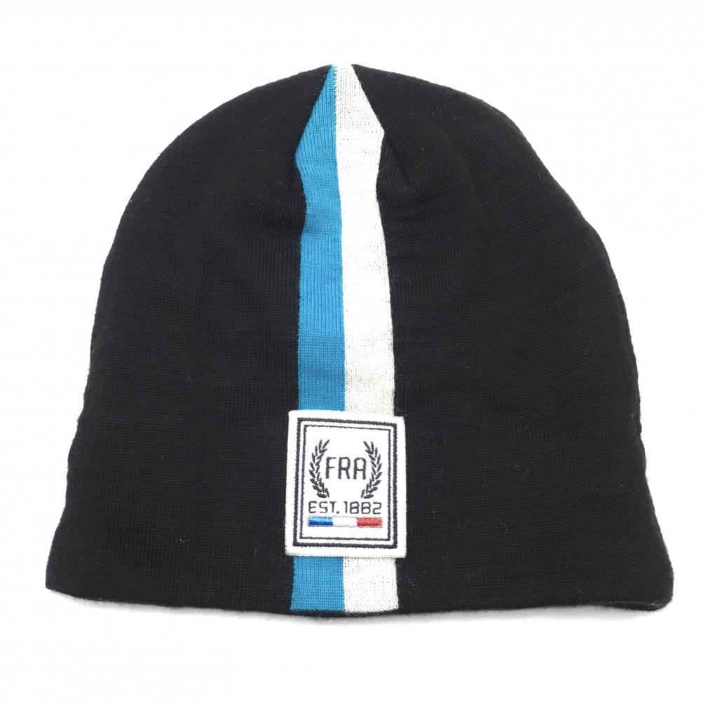 【美品】ルコック ニット帽 黒×白 フロントライン ロゴ刺しゅう ウール混 F(57-59cm)   ゴルフウェア le coq sportif