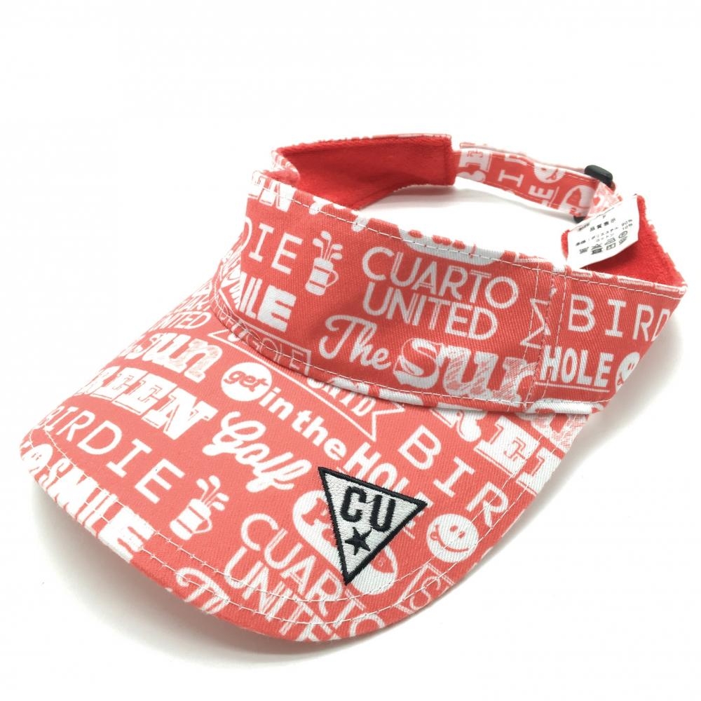 【美品】クアルトユナイテッド サンバイザー ピンク系×白 英字総柄  F  ゴルフウェア CUARTO UNITED