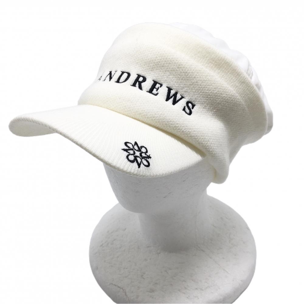 セントアンドリュース 異素材つば付ニット帽 アイボリー×白 ロゴ黒 FR   ゴルフウェア St ANDREWS