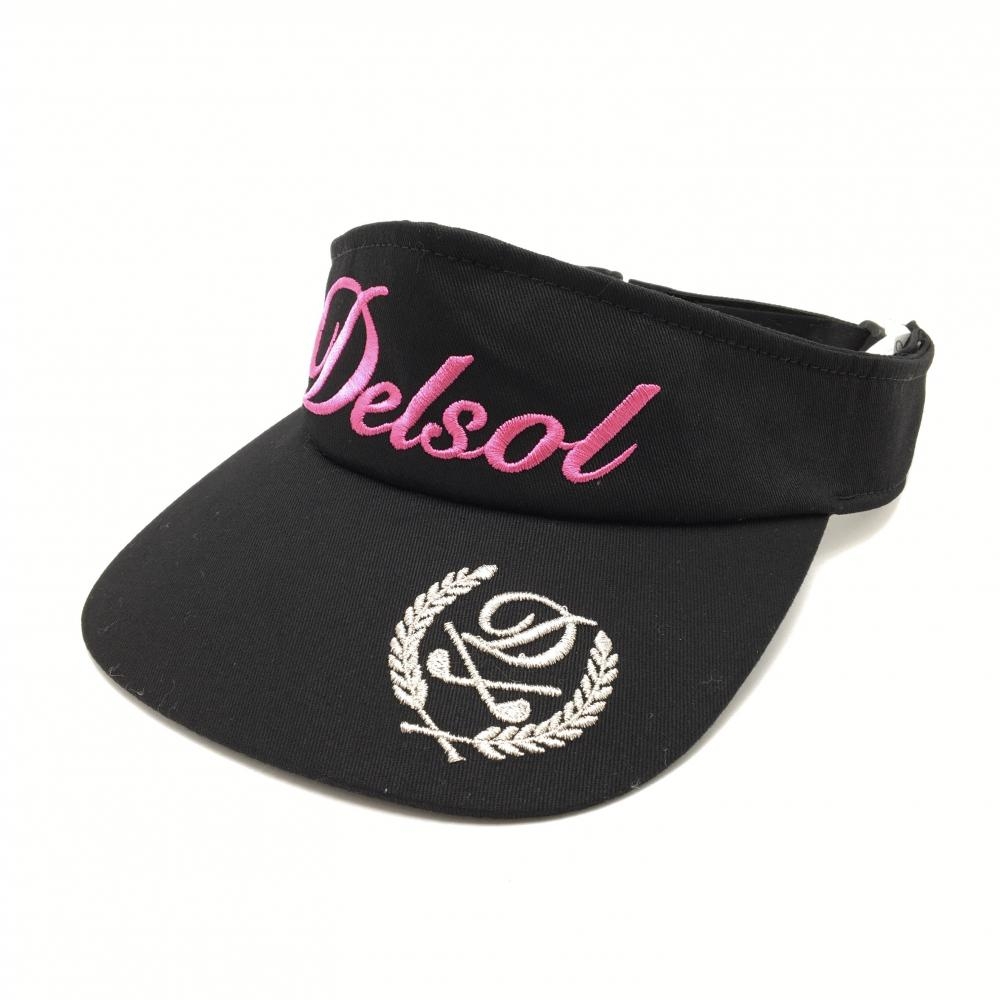 【美品】デルソル サンバイザー 黒×ピンク 綿100％ ロゴ刺しゅう   ゴルフウェア DELSOL