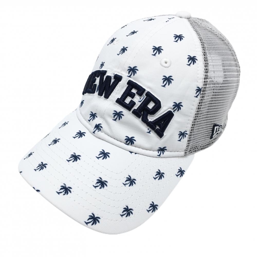 【美品】ニューエラ メッシュキャップ 白×ネイビー ヤシの木総柄   ゴルフウェア New Era