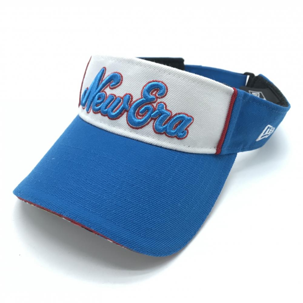 【超美品】ニューエラ×ドラえもん サンバイザー ブルー×白 立体ロゴ つば裏総柄   ゴルフウェア New Era