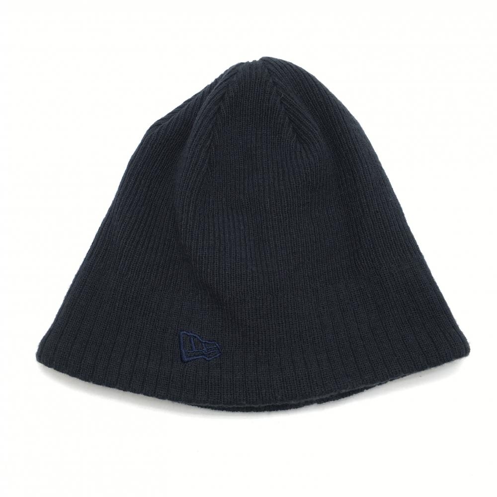 【美品】ニューエラ ニット帽 ネイビー ロゴ刺しゅう 内側フリース地   ゴルフウェア New Era