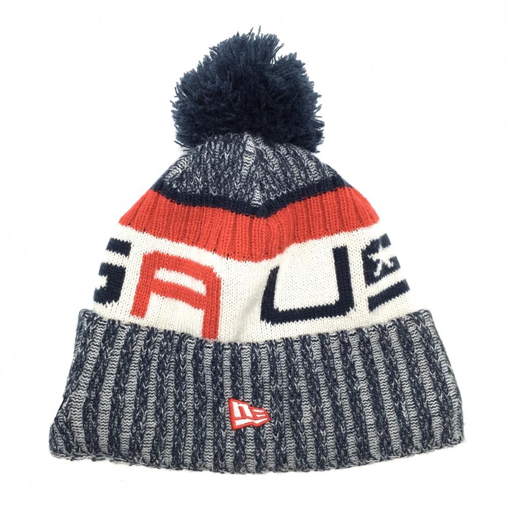 【超美品】ニューエラ ニット帽 ネイビー×レッド USA ボンボン付き 内側フリース   ゴルフウェア New Era