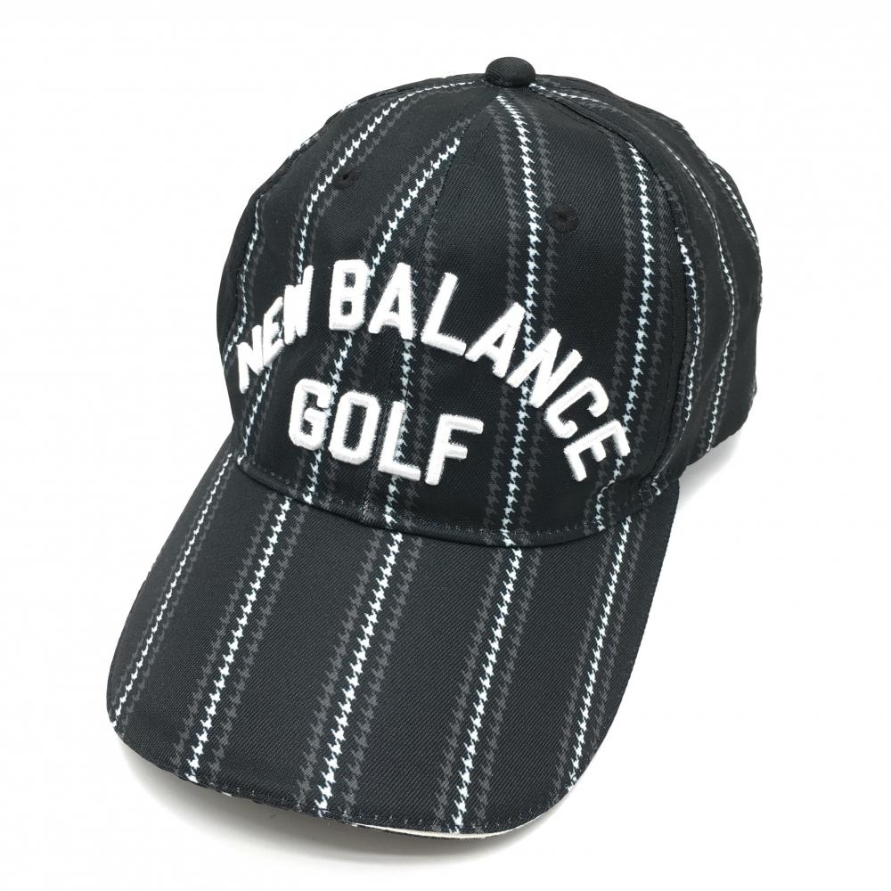 【超美品】ニューバランスゴルフ キャップ 黒×白 立体ロゴ刺しゅう ストライプ調 FR ゴルフウェア New Balance