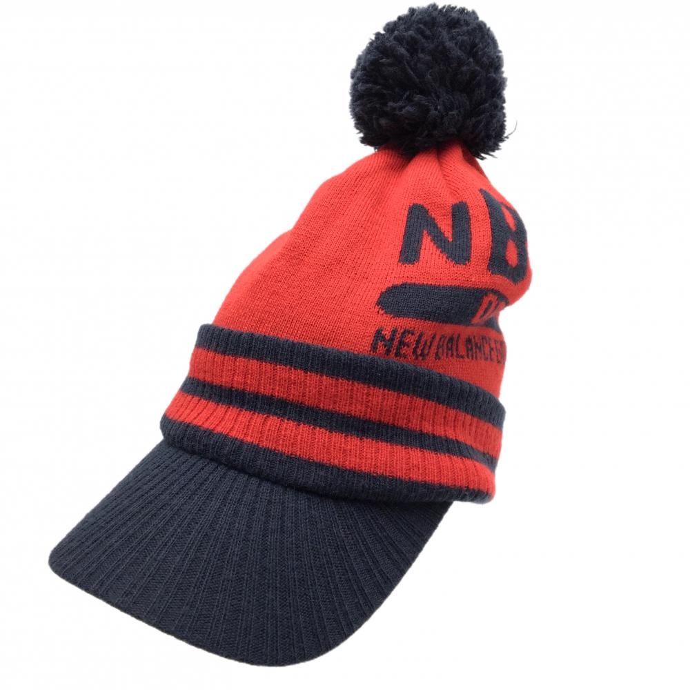 【超美品】ニューバランスゴルフ つば付きニット帽 レッド×ネイビー ボンボン付き FR  ゴルフウェア New Balance