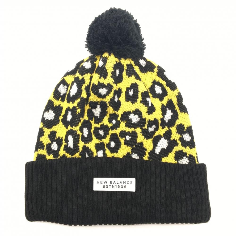 【超美品】ニューバランスゴルフ ニット帽 イエロー×黒 レオパード柄 ボンボン付 裏微起毛 FR  ゴルフウェア New Balance