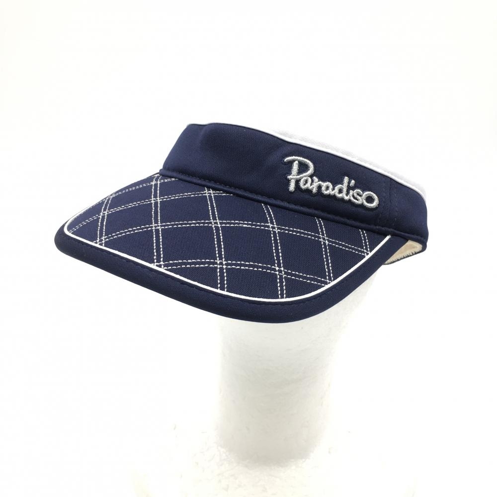 【超美品】Paradiso パラディーゾ サンバイザー ネイビー×白 つば格子ステッチ 内側パイル生地 フリーサイズ(55-58cm) ゴルフウェア