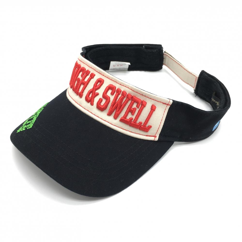 ラフアンドスウェル サンバイザー 黒×レッド ロゴ刺しゅう 内側パイル地   ゴルフウェア rough＆swell