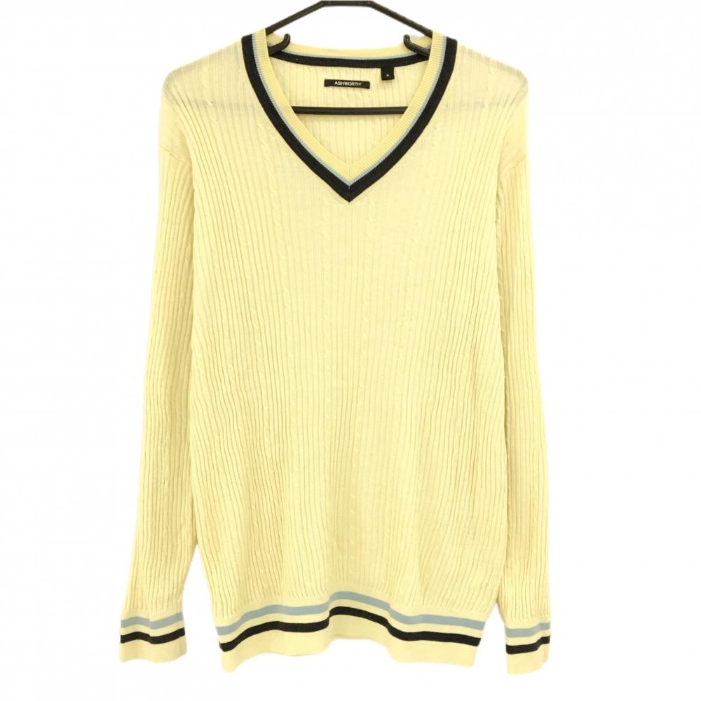 アシュワース セーター ライトイエロー系×ネイビー×ライトブルー 袖ロゴ 裾ライン シルク混 Vネック メンズ O ゴルフウェア ASHWORTH
