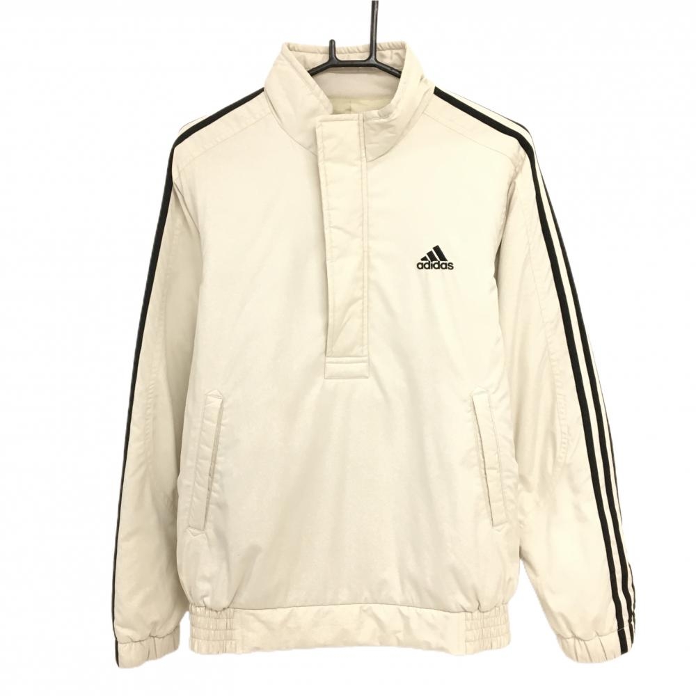 【美品】アディダス 中綿ブルゾン アイボリー×黒 袖3ライン ハーフジップ メンズ S/P ゴルフウェア adidas