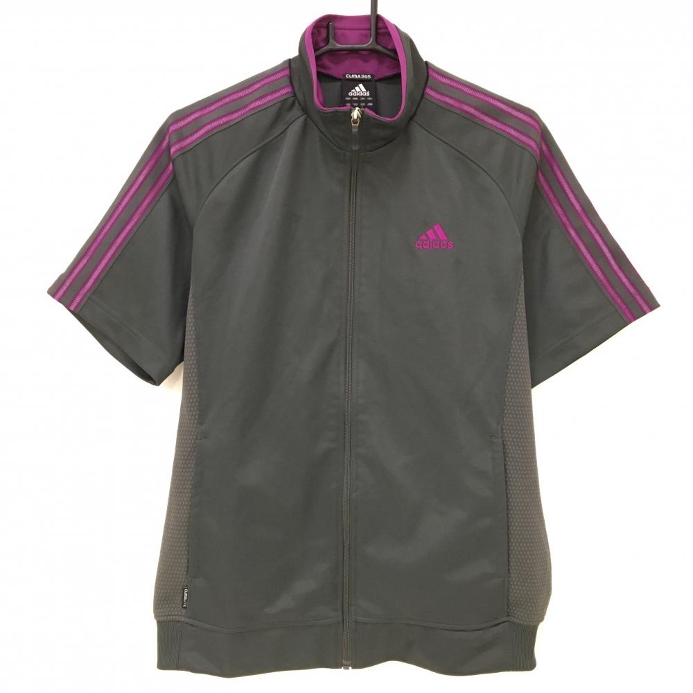 アディダス 半袖ブルゾン グレー×ピンクパープル 袖3ライン サイドメッシュ メンズ L ゴルフウェア adidas
