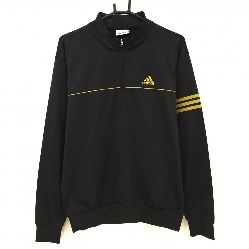 【美品】アディダス ブルゾン 黒×ゴールド ハーフジップ 袖3ライン メンズ M/M ゴルフウェア adidas