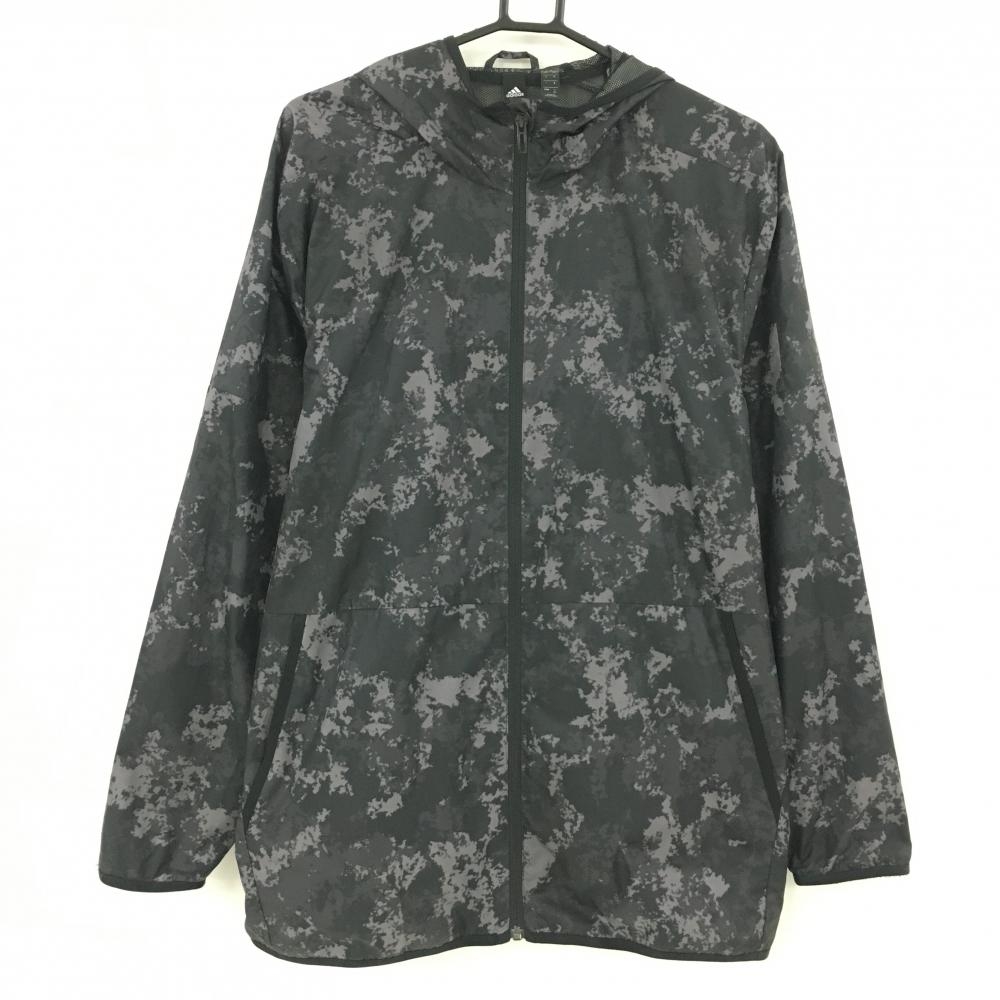 【美品】アディダス ジップパーカー ダークグレー×グレー 総柄 裏地メッシュ 袖ロゴプリント  メンズ XO(XXL) ゴルフウェア adidas