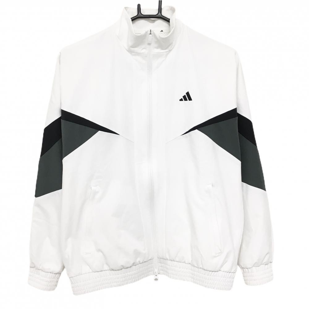 【美品】アディダス ジャケットブルゾン 白×グリーン 裏地メッシュ 背面3ライン メンズ M ゴルフウェア 2024年モデル adidas