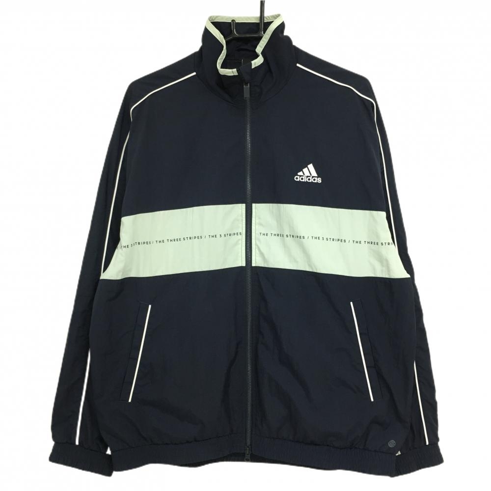 【美品】アディダス ジャケット ネイビー×ライトグレー 後ビッグロゴ 裏地メッシュ メンズ L ゴルフウェア adidas