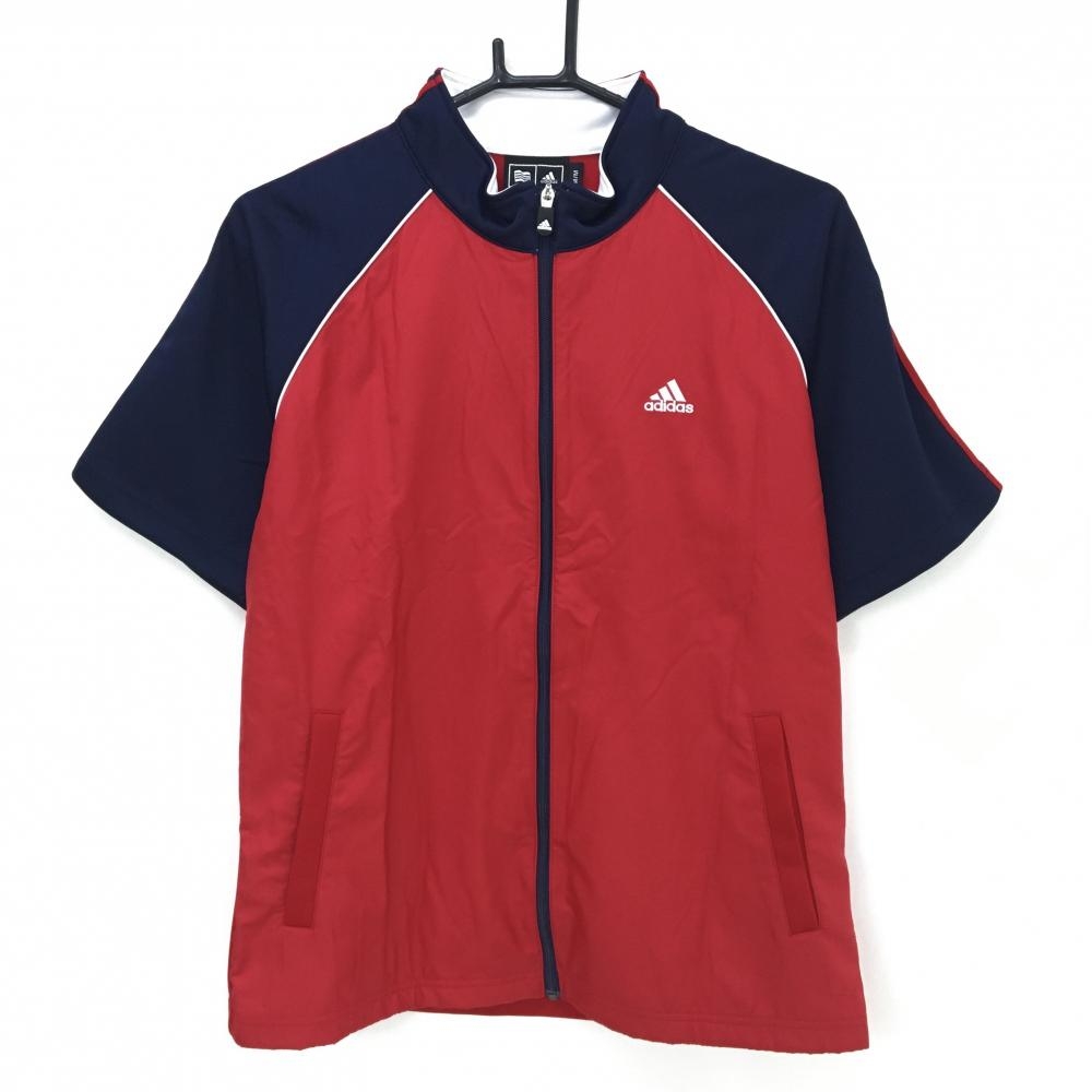 【超美品】アディダス 半袖ジャケット レッド×ネイビー 肩・袖3ライン メンズ M/M ゴルフウェア adidas