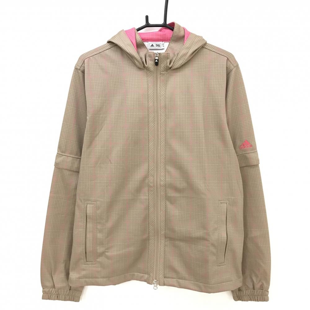 【超美品】アディダス 2WAYフード付きジャケット ライトブラウン×ピンク チェック柄 袖着脱可 メンズ O/XG ゴルフウェア adidas