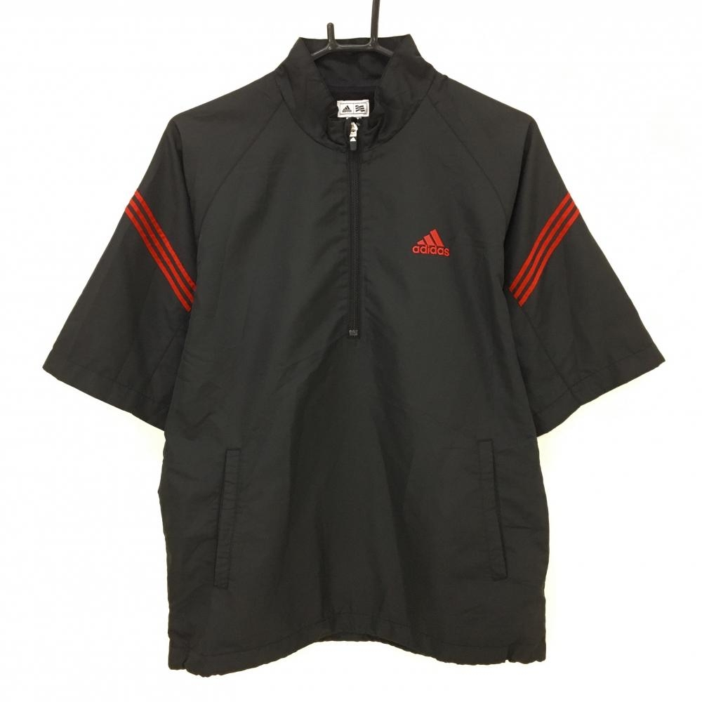 【美品】アディダス 半袖ブルゾン 黒×レッド ハーフジップ 3ライン 裏地メッシュ 裏地毛羽立ち メンズ M/M ゴルフウェア adidas