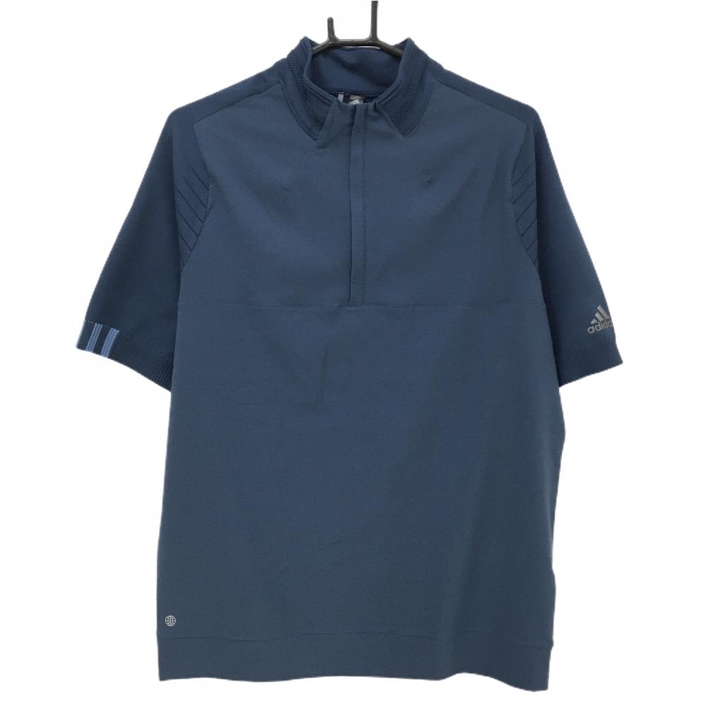 【美品】アディダス 異素材半袖ブルゾン ネイビー ハーフジップ 袖・肩ニット メンズ L ゴルフウェア adidas