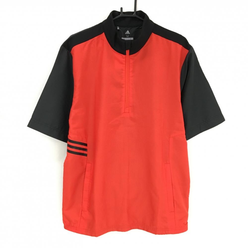 【超美品】アディダス 半袖ブルゾン レッド×黒 ハーフジップ サイド３ライン メンズ M ゴルフウェア adidas