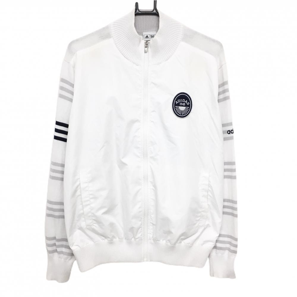 アディダス ニット切替ジャケット 白×グレー 袖・背面ボーダー 異素材 メンズ L/G ゴルフウェア adidas