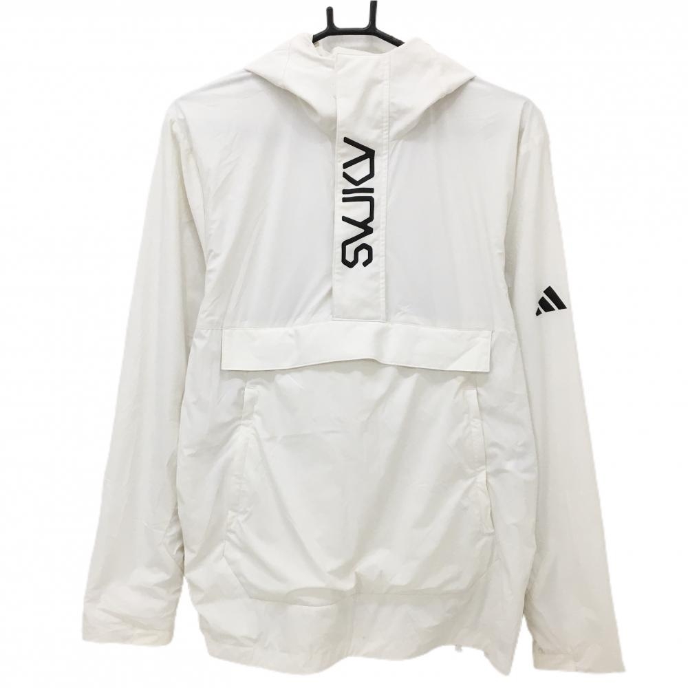 アディダス フード付ブルゾン 白 ロゴ黒 ハーフジップ 裏地メッシュ WIND.RDY メンズ M ゴルフウェア adidas
