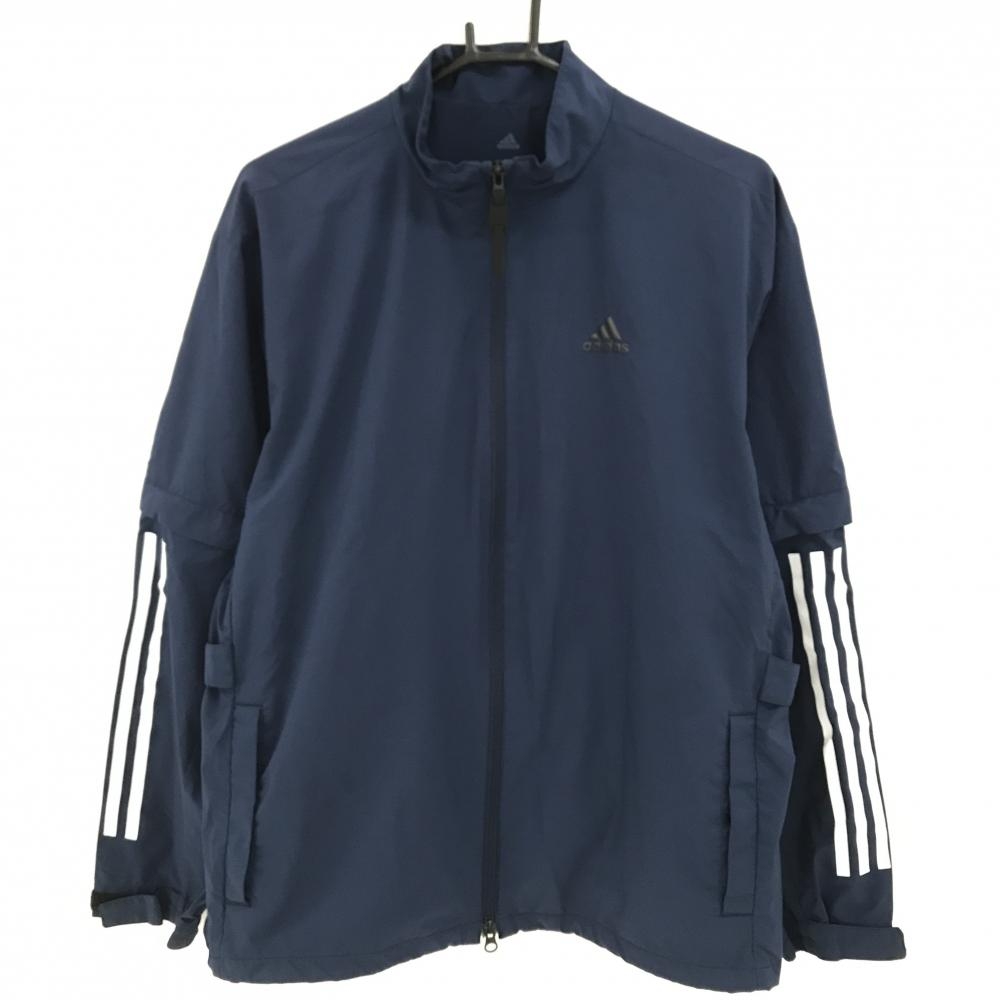 【美品】アディダス 2WAYジャケット ネイビー 立体ロゴ 裏地メッシュ 袖着脱可 メンズ O ゴルフウェア adidas