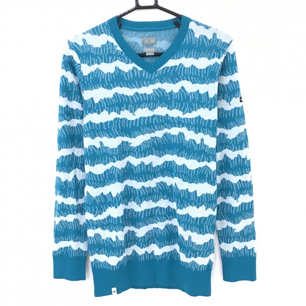【超美品】アディダス セーター ターコイズブルー×白 Ⅴネック サマーニット 薄手 総柄 メンズ L/G ゴルフウェア adidas