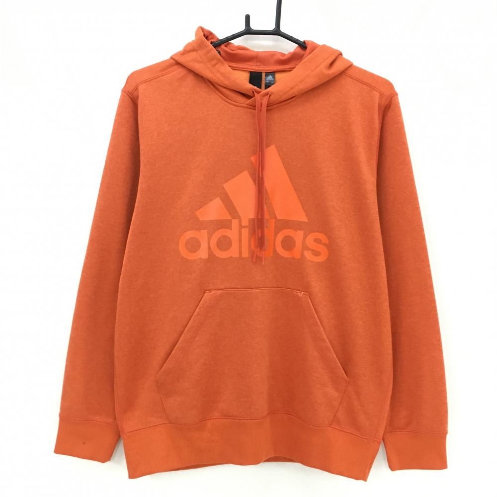 【美品】アディダス パーカー 杢オレンジ系 フロントビッグロゴ 腹部ポケット  メンズ M ゴルフウェア adidas
