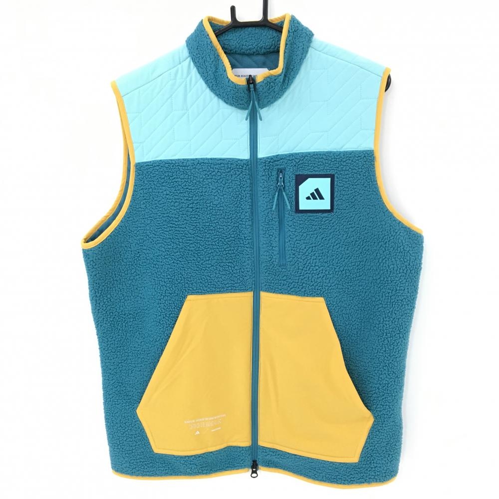 【美品】アディダス ボア切替ベスト ライトブルー×イエロー 3ポケット  メンズ J/L ゴルフウェア 2023年モデル adidas