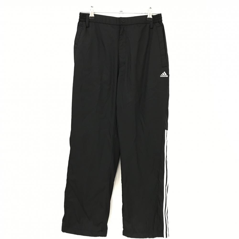【美品】アディダス パンツ 黒 格子柄地模様 蓄熱裏地 左サイド3ライン 裾ドローコード ウエストゴム メンズ S/P ゴルフウェア adidas