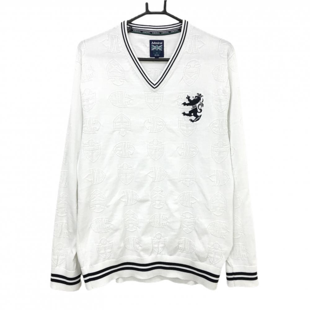 【美品】アドミラル セーター 白 総柄織生地 ロゴネイビー ニット メンズ LL ゴルフウェア Admiral
