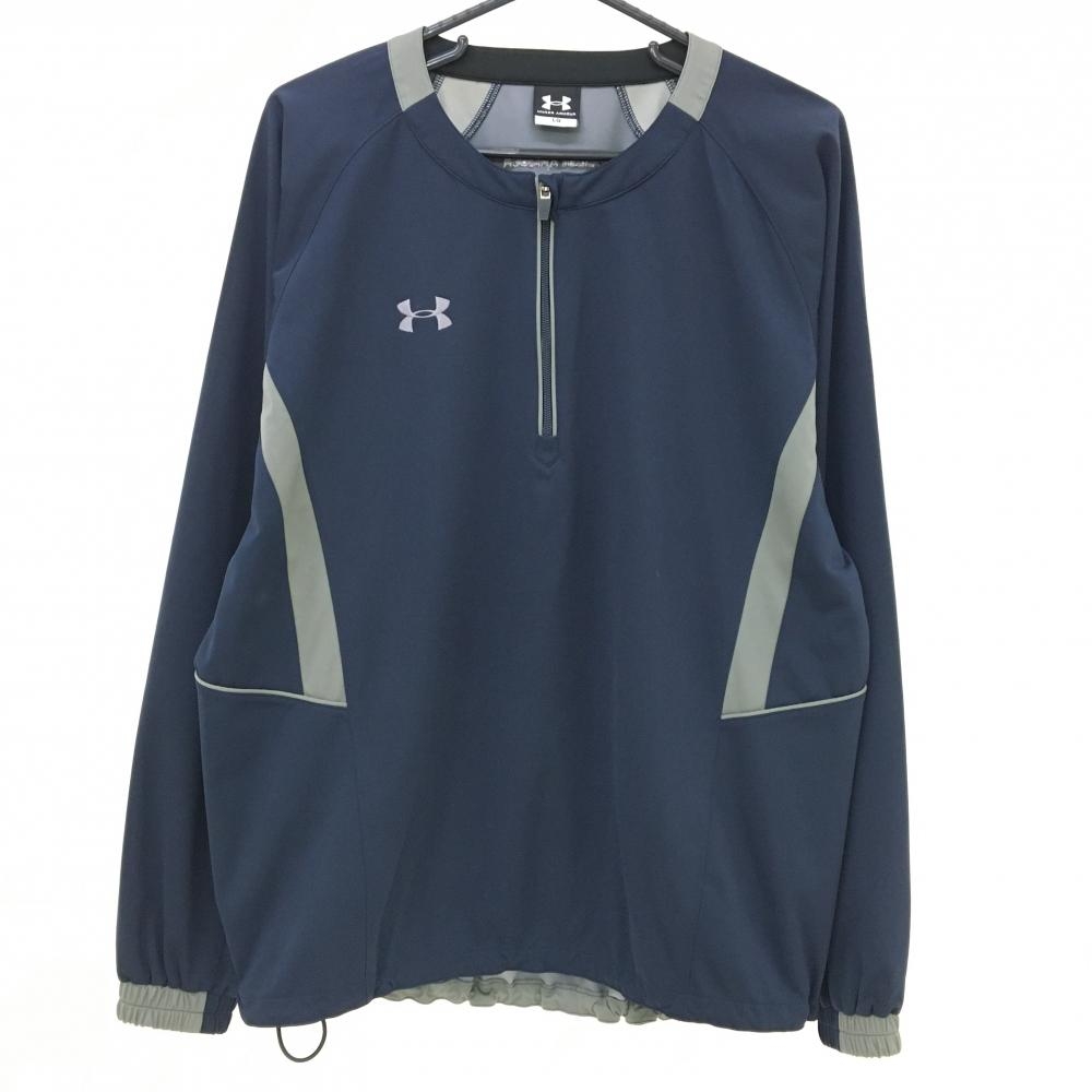【美品】アンダーアーマー ブルゾン ネイビー×グレー ロゴ刺しゅう ハーフジップ スニード メンズ LG ゴルフウェア UNDER ARMOUR
