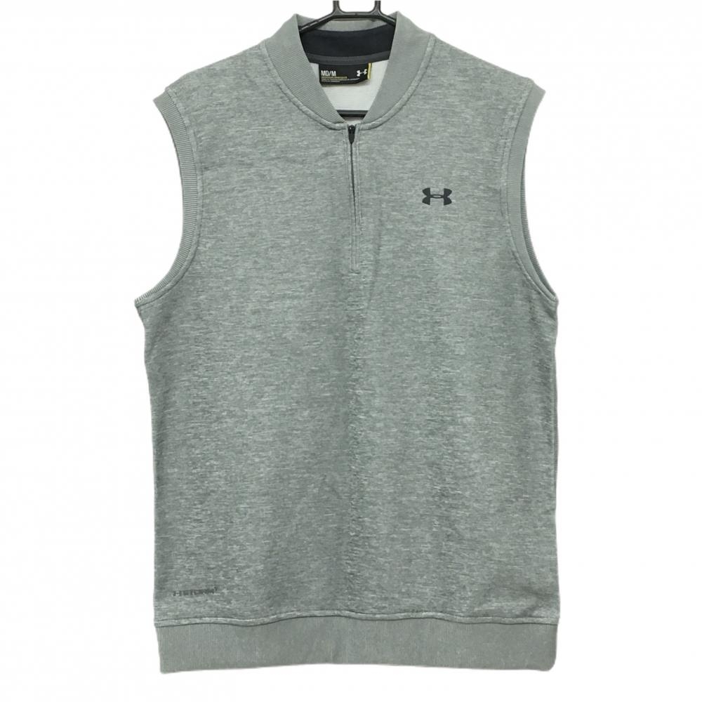 【超美品】アンダーアーマー アウターベスト 杢グレー 裏微起毛 ハーフジップ 胸元ロゴ メンズ MD/M ゴルフウェア UNDER ARMOUR