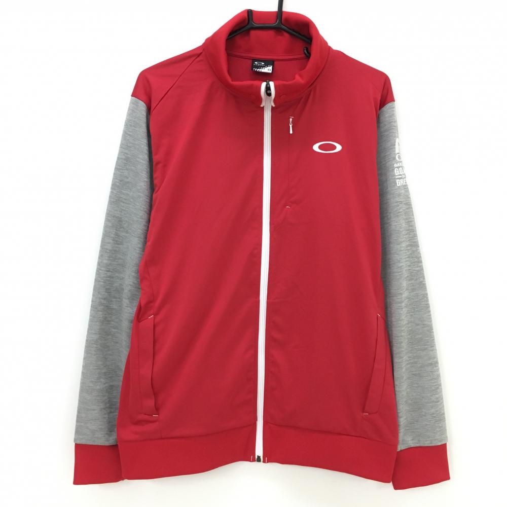 【超美品】オークリー ジャケットブルゾン レッド×杢グレー ネックボタン ロゴ刺しゅう メンズ XL ゴルフウェア Oakley