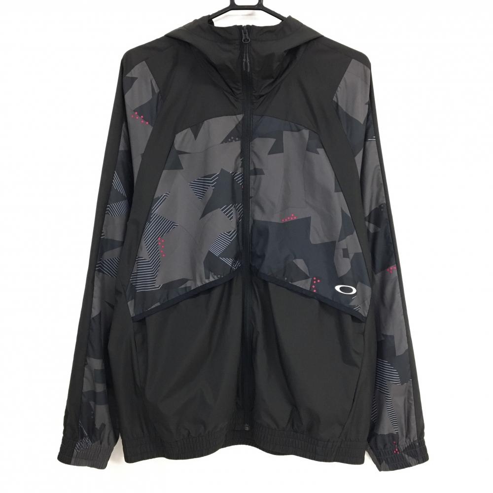 【美品】オークリー フード付ジャケット 黒×ダークグレー 一部総柄 シャカシャカ ロゴプリント メンズ 2XL ゴルフウェア Oakley