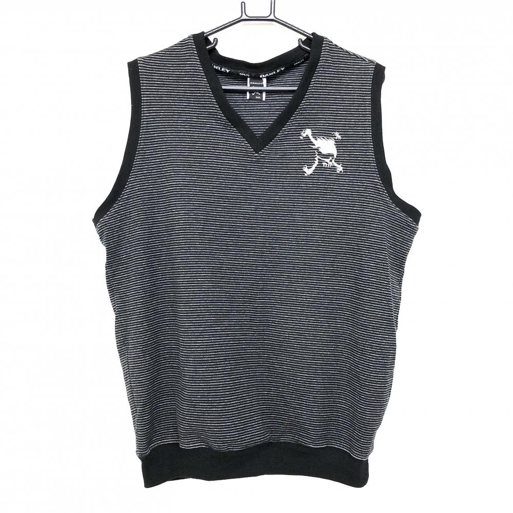 【美品】オークリー ベスト 黒×グレー 細ボーダー Vネック メンズ XL ゴルフウェア Oakley