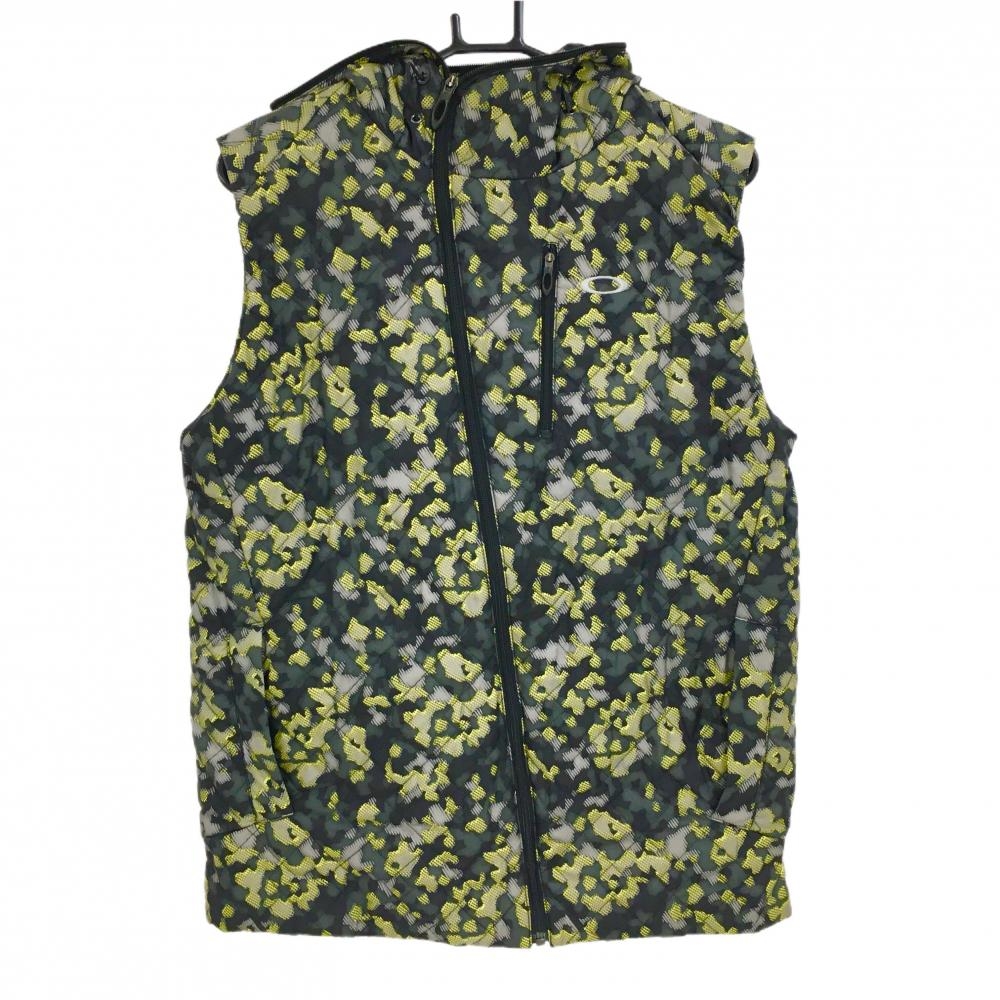 【超美品】オークリー 中綿ベスト カーキ×イエロー カモフラ調 迷彩 フード付  メンズ L ゴルフウェア Oakley