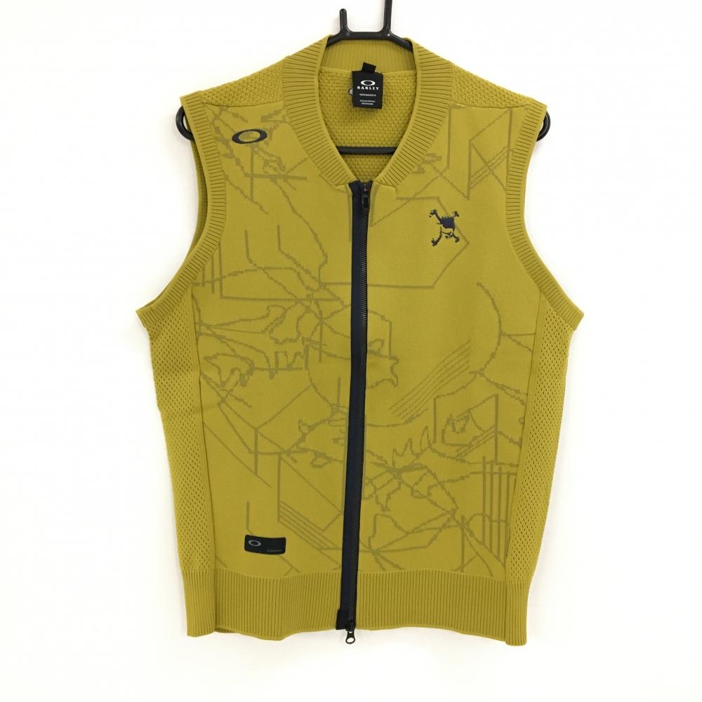 【超美品】オークリー ニットジップベスト マスタードイエロー×カーキ 前総柄 ロゴグレー ダブルジップ メンズ L ゴルフウェア Oakley