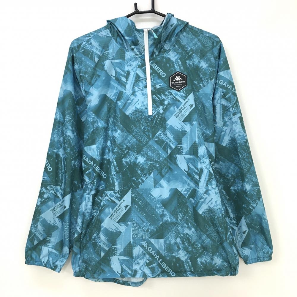 【新品】カッパ フード付きブルゾン ブルー系×グリーン系 総柄 ハーフジップ 撥水加工 薄手 メンズ L ゴルフウェア Kappa