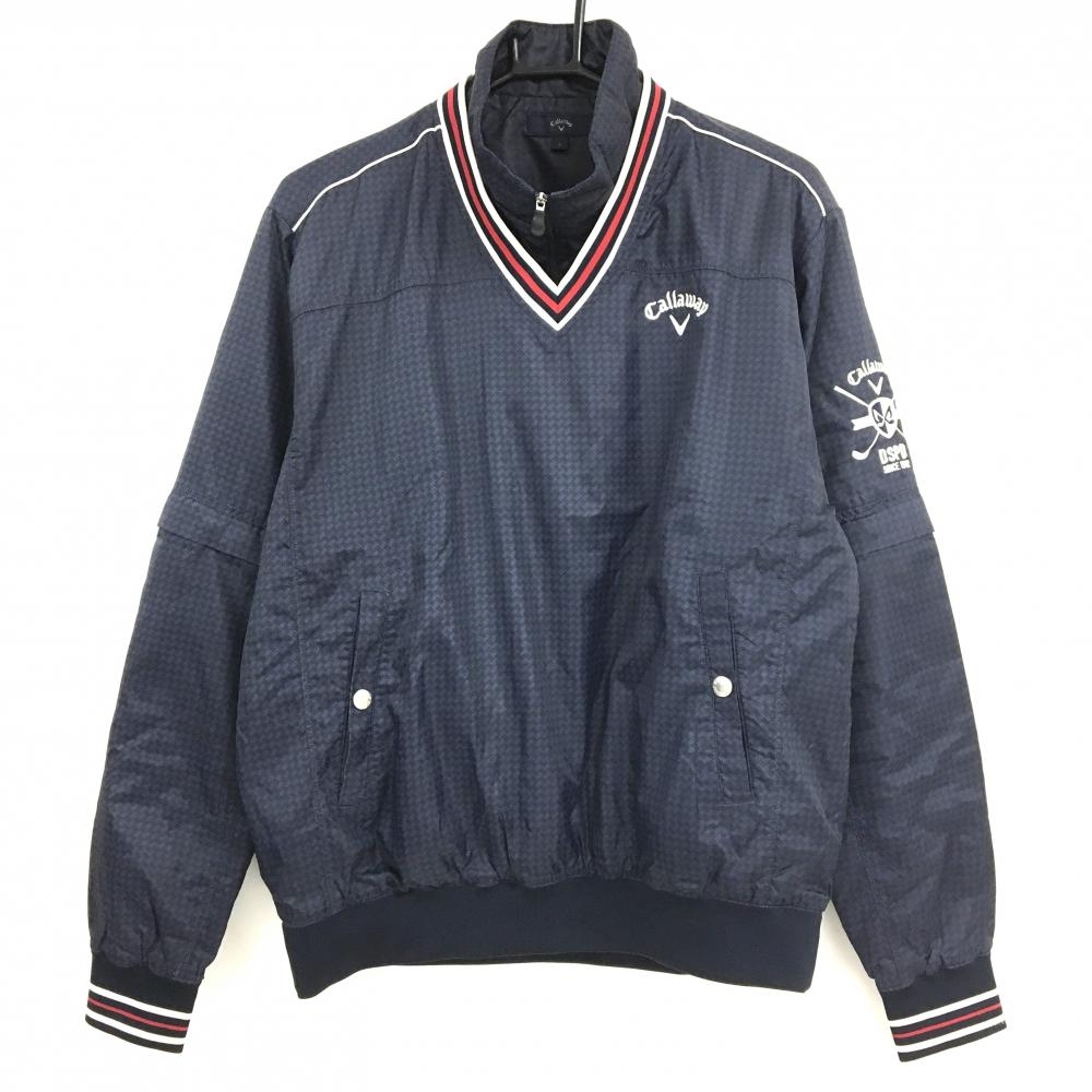 キャロウェイ 4WAY中綿ジャケット ネイビー×黒 総柄 ブルゾン ネック・袖着脱可 メンズ L ゴルフウェア Callaway