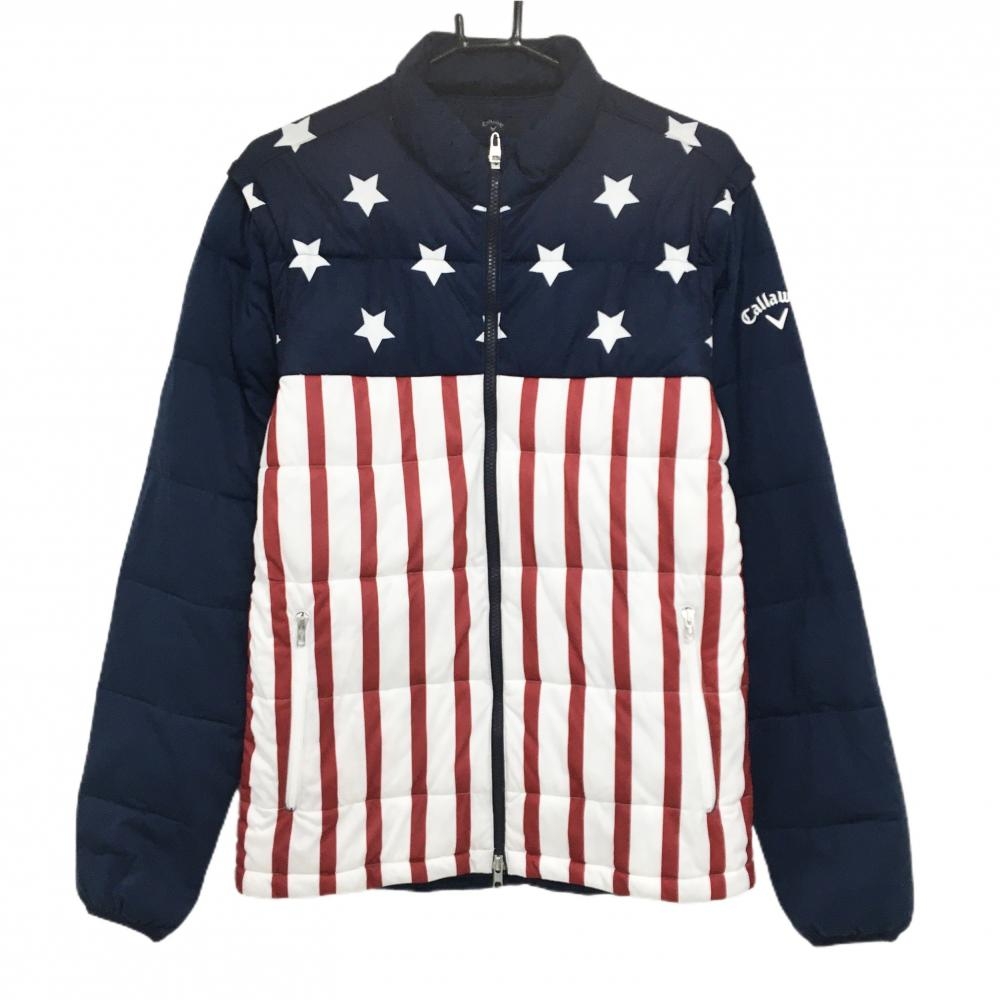 【新品】キャロウェイ 2WAY中綿ジャケット ネイビー×白×レッド 身頃星条旗柄 防風 ストレッチ  メンズ L ゴルフウェア Callaway