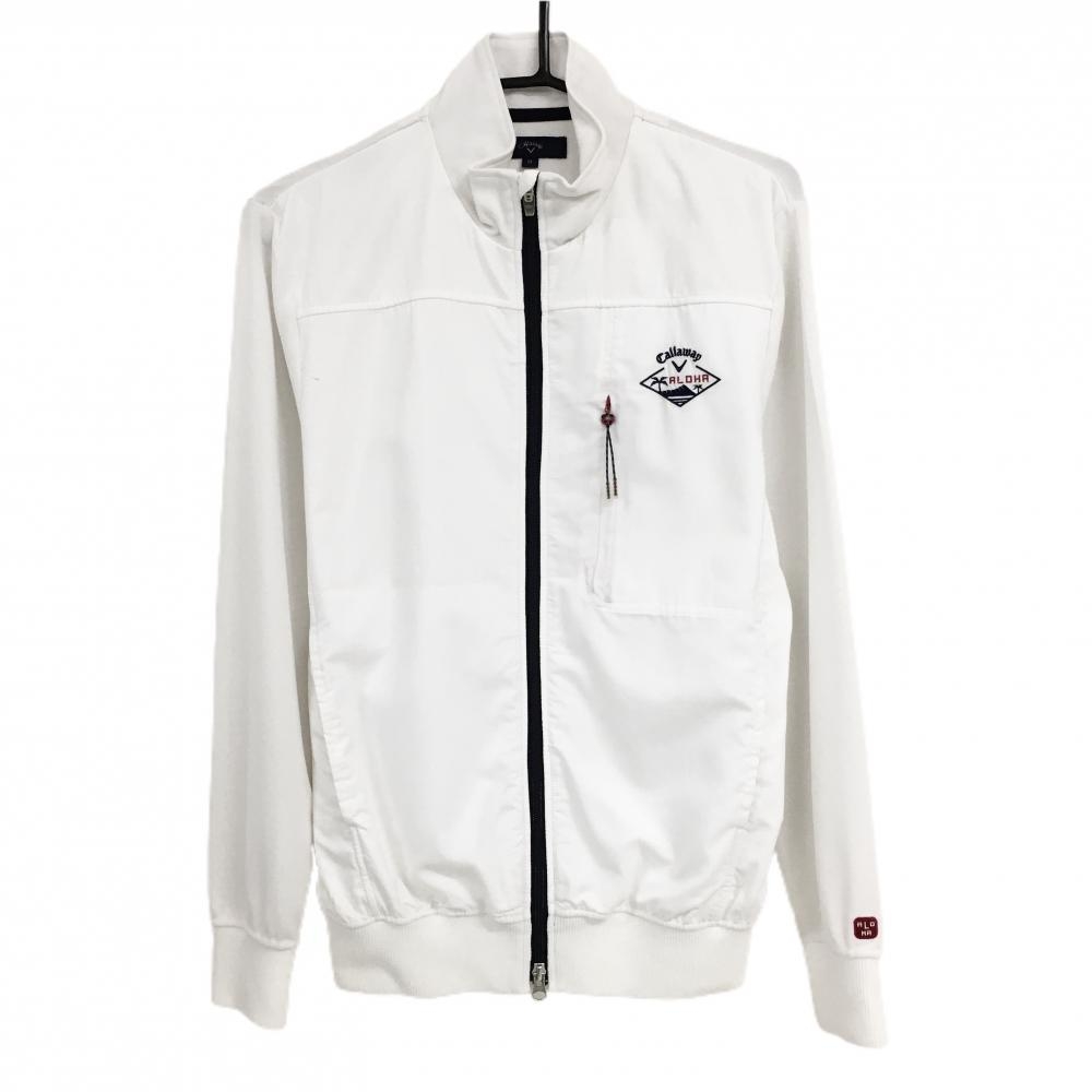 【美品】キャロウェイ ジャケットブルゾン 白×ネイビー 身頃格子柄地模様 ロゴ刺しゅう ALOHA  メンズ M ゴルフウェア Callaway