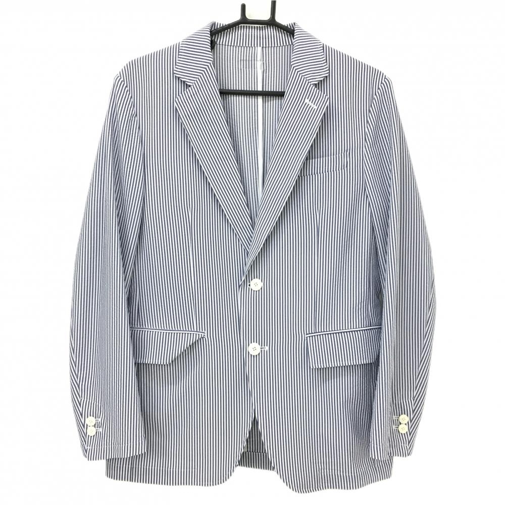 【超美品】キャロウェイ テーラードジャケット ネイビー×白 ストライプ サッカー生地 メンズ M ゴルフウェア Callaway